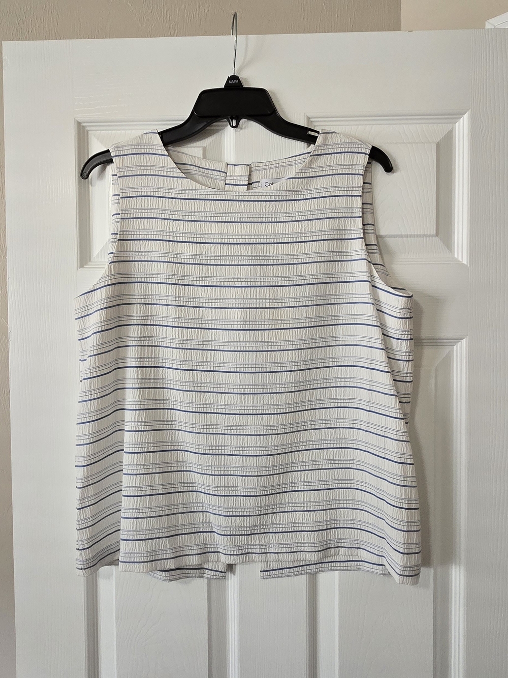Calvin Klein White And Blue Striped Tank Top with Button Up Back